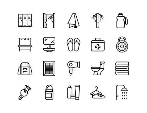 Locker Room Vector Icon Set | Adjustable Line Weight | Shower, bench, towel, locker, flip flops, deodorant, hairdryer, shampoo, sink, toilet, hygiene, soap, gym gear, lock