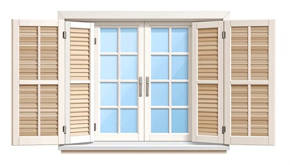 White Wooden Window with Shutters.