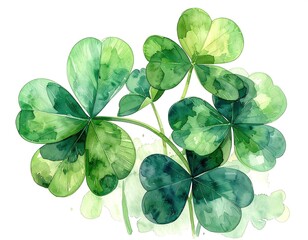 Watercolor illustration of four-leaf clovers, vibrant green hues, and soft edges