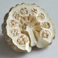 A cross section of a white fruit with multiple seed compartments on a plain background close up view
