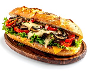 A gourmet sandwich on a wooden platter.  Melted cheese, mushrooms, and peppers fill a long baguette
