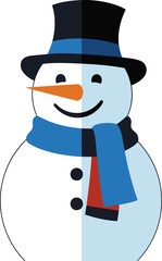 A cheerful snowman wearing a black top hat, a blue scarf, and a red tie, with a carrot nose and coal eyes.