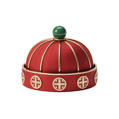 Obraz premium Red textured hat with gold accents and green orb graphic