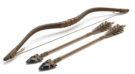 A rustic wooden bow and arrow, isolated on clean surface