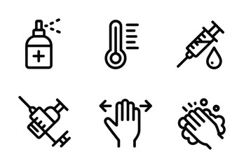 Hygiene & Health Safety Line Icons - Spray Bottle, Thermometer, Syringe, Hand Wash, Vaccine for Medical Apps, Public Health Campaigns & Wellness UI