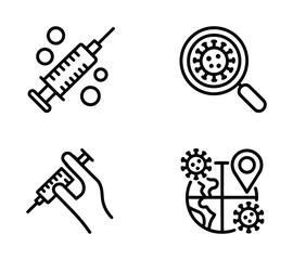 Virus Detection & Vaccination Line Icons — Syringe, Magnifying Glass with Virus, Global Map with Outbreak, Injection Hand for Healthcare, Awareness & Research UI


