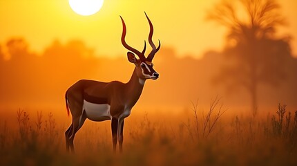 Wild Blackbuck Antelope with Long Spiral Horns in Natural Grassland. Graceful Blackbuck Antelope Standing in Golden Sunset Wildlife Scene

