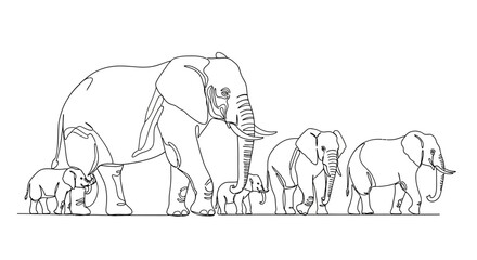 Line Art Illustration of a Family of Elephants in Profile View