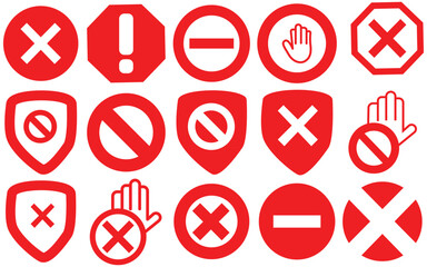 Red Stop, Do Not Enter, Blocked and Forbidden Sign Icon Set – Traffic, Safety, and Prohibition Symbols for Apps and Websites
