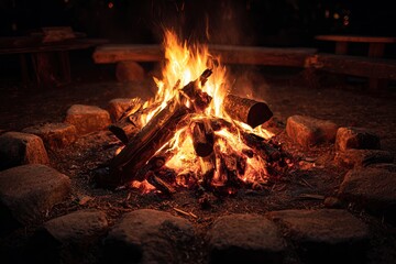 Naklejka premium Campfire burning with wooden logs surrounded by stones
