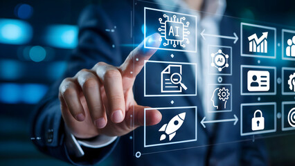 Futuristic interface controlled by a businessman brings powerful AI solutions to life, offering a cutting-edge approach to technology and business strategy.