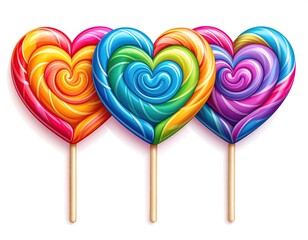 Three colorful heart-shaped lollipops, vibrant swirls of candy