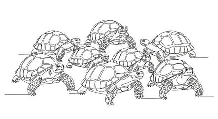 Line Art Depiction of a Group of Tortoises Gathered Together in Nature