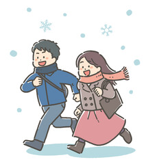 Obraz premium 雪の中お出かけする若い冬服の男女のイラスト