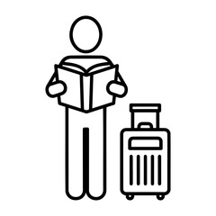Vector a person reading a book while standing next to a suitcase outline illustration art on transparent background