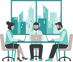 Three business professionals working on laptops at a table in an office with a city skyline view, depicting teamwork and productivity.