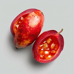 Close up of two halves of a red passion fruit showing the seeds inside on a light gray background