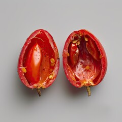 Two halves of a hollowed out red tomato with visible seeds and remnants on a plain gray background