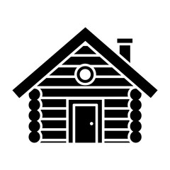 Vector illustration of a small log cabin with a chimney and a round window on the front wall on transparent background
