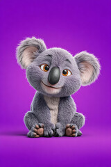 Cute animated koala character sitting against a vibrant purple background, smiling cheerfully