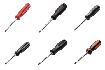 Set of six assorted screwdrivers with different handles and tips for versatile fastening tasks on an isolated background 