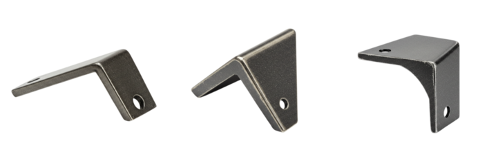 Set of three L-shaped metal brackets in dark finish for mounting and support on an isolated background 