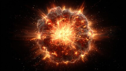 Powerful bright orange and red explosion with smoke, sparks, and intense light bursts on a dark black background, creating a dramatic energy effect.