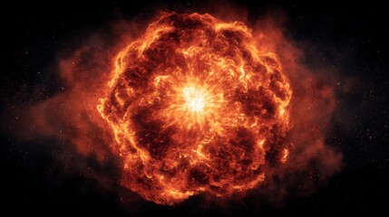 Dramatic fiery explosion with an intense bright energy burst and swirling red and orange flames on a dark background, symbolizing immense power and energy.