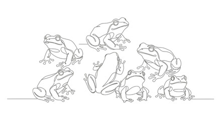 Fototapeta premium Elegant continuous line art capturing a group of various frogs in natural poses