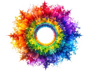 Colorful, abstract circular design with vibrant paint splashes, forming a ring around a blank center