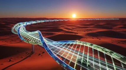 Futuristic DNA Structure in Desert Landscape at Sunset. - Powered by Adobe