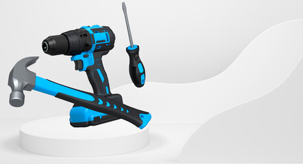 Construction tools and safety equipment floating over podium on abstract background, industrial work and protection concept