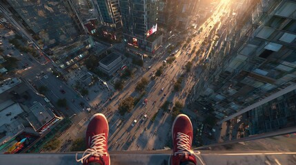 First-person view of feet in red sneakers on a skyscraper edge, overlooking a bustling city street at sunset with long shadows and urban architecture below.