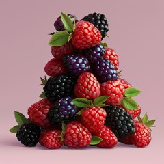 A pyramid of fresh raspberries and blackberries with green leaves on a light pink background studio shot