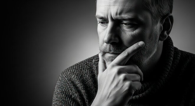 Monochrome portrait of a contemplative man in deep thought expressing concern and pondering life's