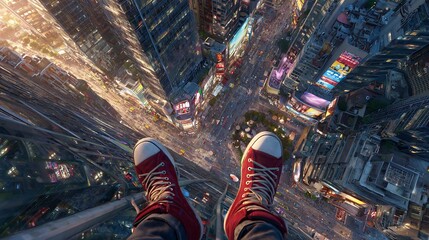 First-person perspective of red sneakers dangling from a skyscraper edge, overlooking a bustling city street and urban landscape.