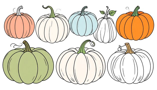 Collection of eight pumpkins in various pastel colors and a line art style