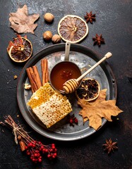 Honeycomb and Honey Autumnal Still Life.