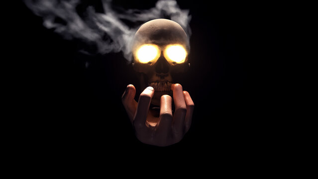 Mysterious Hand Holds Glowing Skull with Smoke Emanating from Eyes, Set Against Dark Background, Creating Eerie and Mystical Atmosphere with Supernatural Energy