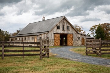 Obraz premium Traditional rustic barn with wooden doors and stone base