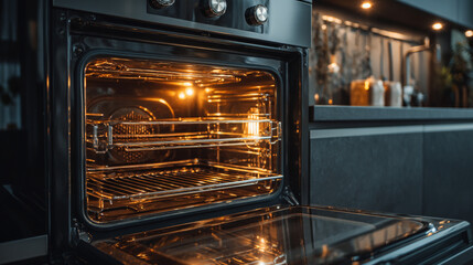 Obraz premium Close up of an open oven with interior lights on and racks inside in a kitchen area