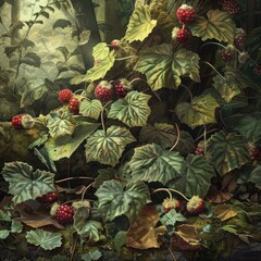 A detailed view of wild berries and lush green leaves growing in a forest environment with soft lighting