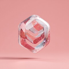 Abstract geometric hexagon with red glitter particles floating on a pastel pink background, modern digital art design.