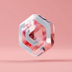 Abstract Transparent Hexagonal Prism with Sparkling Red Glitter on Pastel Pink Background