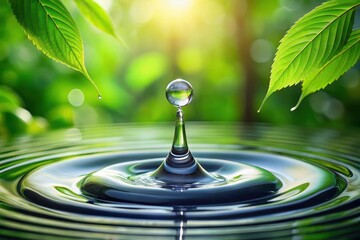 A Single Water Drop Falling into Still Water, Creating Concentric Ripples, Surrounded by Lush Green Foliage in Soft Sunlight