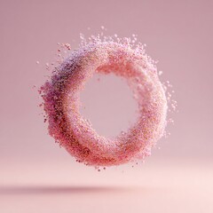 Abstract 3D render of sparkling pink and gold particles forming a delicate ring shape on a soft rose background, ideal for luxury concepts and modern designs.