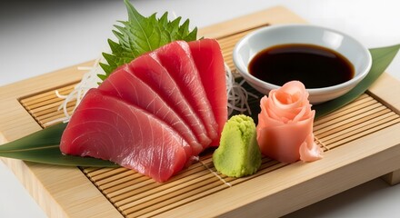 Fresh red tuna sashimi platter with wasabi ginger soy sauce and garnishes 