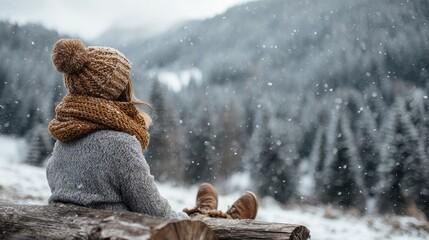 Woman enjoying the serene snowy winter mountain landscape from a log