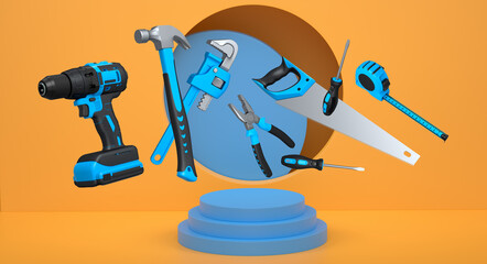 Construction tools and safety equipment floating over podium on abstract background, industrial work and protection concept