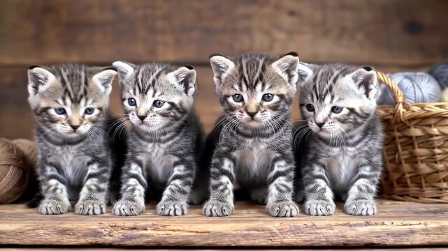 Four Fluffy Tabby Kittens with Distinctive Markings Sitting Attentively on a Rustic Wooden Surface with a Woven Basket Filled with Yarn Balls in an Eye Level Static Shot